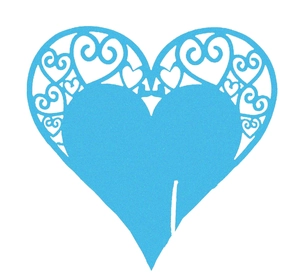 Detail of laser-cut heart paper place card with blue symmetrical scroll pattern