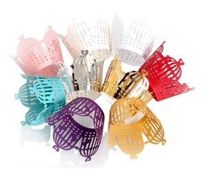 Laser-cut cupcake wrappers with birdcage and heart design in multiple colors