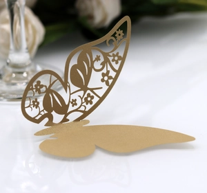 Golden laser-cut butterfly 3D paper cards for wedding table settings and cup decoration