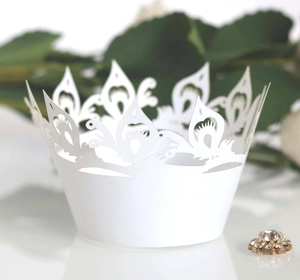 White laser-cut cupcake wrapper with elegant crown hollow pattern for wedding cake decor