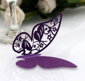 Detailed laser-cut dark purple butterfly place cards for wine glass decoration