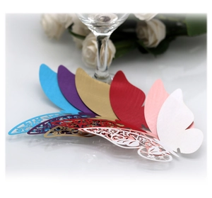Laser-cut 3D butterfly paper cards for wedding party cup decoration in multiple colors
