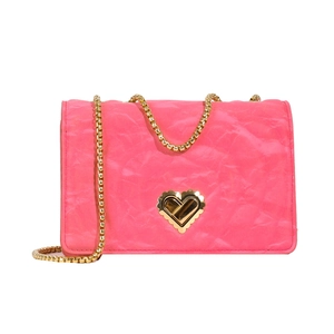 Pink patent leather square bag with gold heart lock and chunky chain strap