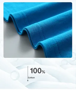 Detail of blue 100% cotton T-shirt showing high-quality double-needle stitched hem edge