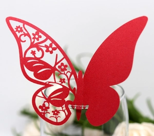 Elegant red butterfly laser-cut wine glass paper card for wedding and banquet decoration