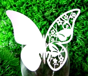 Elegant white butterfly wine glass cards with intricate laser cut floral hollow designs