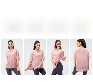 Pink mesh sports t-shirt with side split design and knotting style for women
