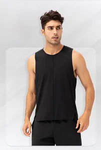 Detailed view of black sleeveless men's quick-dry sports tank top with vertical seam design