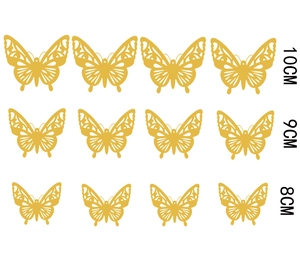 Three sizes of golden 3D hollow butterfly wall stickers measuring 8cm, 9cm and 10cm