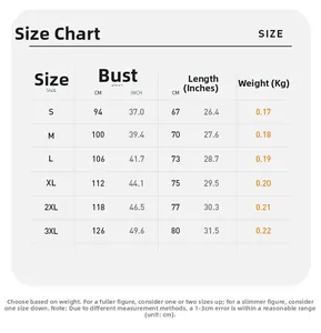 Detailed size chart for cotton t-shirts showing bust and length in CM and inches