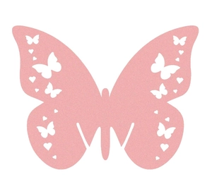 Pink laser-cut butterfly place cards with intricate hollow heart and wing patterns
