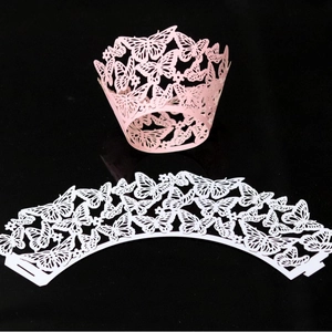 Pink and white butterfly laser-cut cupcake wrappers in flat and assembled views
