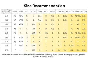 Size recommendation chart for women's sports shirt showing height and weight measurements