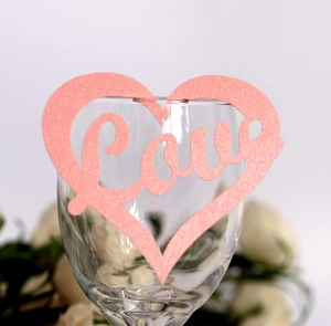 Pink glitter heart wine glass card with laser cut Love design for wedding party decor