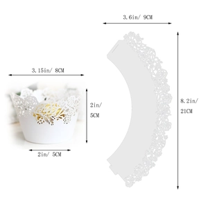 White laser-cut rose cupcake wrappers with dimensions for wedding cake decoration