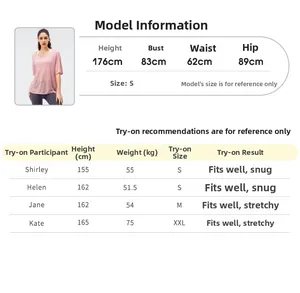 Size chart and fitting guide for women breathable short sleeve yoga sports top
