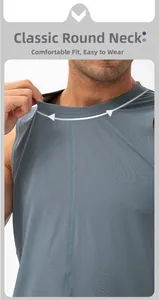Detail view of classic round neck on a grey quick-dry breathable athletic tank top