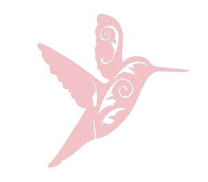 Laser-cut hummingbird wine glass place card in soft pink with intricate floral hollow design
