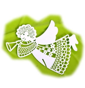 Close-up of white hollow laser-cut angel place card with horn on a green blurred background