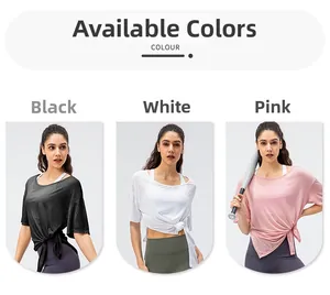 Short sleeve yoga top in black, white and pink with side knot detail and breathable fabric