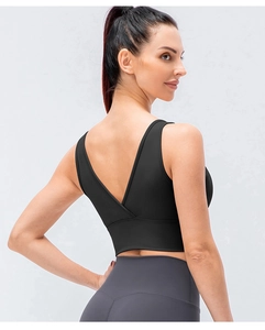 Vue détaillée du soutien-gorge de sport noir avec design en V croisé et tissu élastique