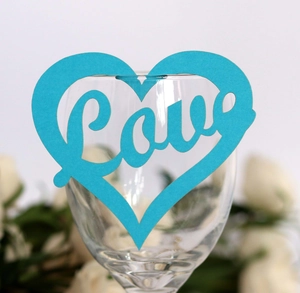 Teal laser-cut heart glass card with Love motif for wedding and party decorations