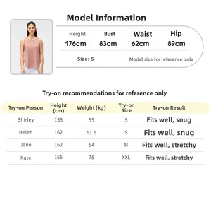 Größentabelle für Damen Yoga Tanktop mit Modelldaten und detaillierten Passformempfehlungen