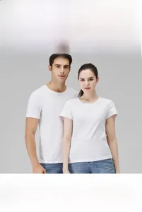 Front view of male and female models wearing classic white crew neck cotton T-shirts