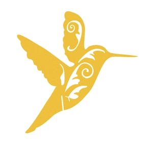Laser-cut hummingbird glass card in bright yellow with elegant hollow floral pattern