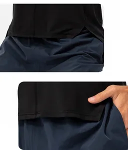 Detail of men's quick-dry sports top with split hem design and anti-wrinkle fabric