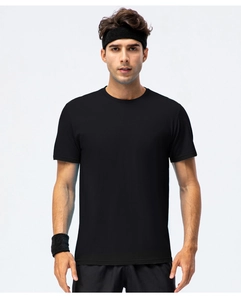 Detail shot of a black short-sleeve cotton t-shirt featuring a classic crew neck and a sporty look