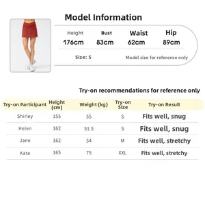Detailed size guide table for women sports skirt with model measurements and fit recommendations