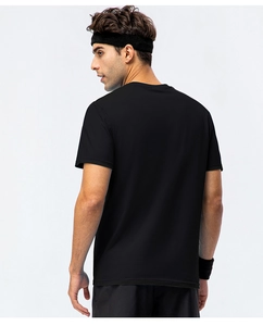 Detail of the high-quality black cotton sports T-shirt with a breathable round neckline