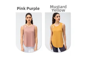 Details von pinkfarbenen und gelben Yoga-Tops mit Schulter-Cutout und Rundsaum