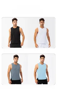 Detail view of quick-dry athletic tank tops in black, white, grey blue, and light blue