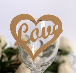 Golden glitter heart-shaped place card with Love hollow design for wedding wine glass decor