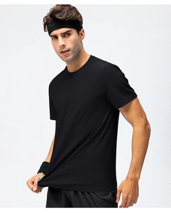 Detail shot of black cotton t-shirt fabric texture and flexible fit for men