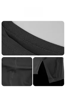 Detail view of breathable mesh fabric, reinforced neckline and side split on gym vest