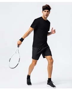 Men's black cotton t-shirt and shorts set shown in a professional tennis sport setting