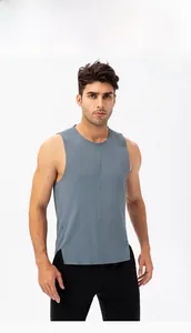 Detail of gray-blue men's gym tank top featuring side slit hem and textured fabric