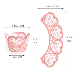 Detailed dimensions of heart-patterned pink cupcake wrappers in assembled and flat views