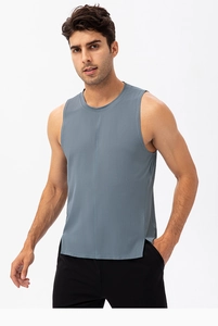 Close-up of gray-blue quick-dry tank top showing side slit and breathable fabric texture