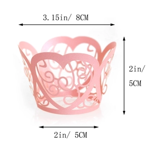 Pink heart laser cut cupcake wrapper with size dimensions of 8x5x5 cm for wedding