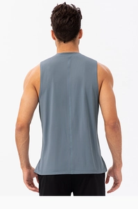 Back view of gray-blue quick-dry sports tank top with vertical stitching for men