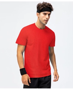 Front view of a loose-fit cotton red crew neck T-shirt on male model for sports activity