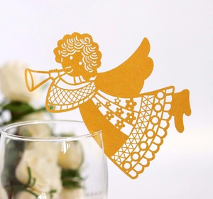 Detailed laser-cut gold angel place card with hollow pattern for wine glass decor