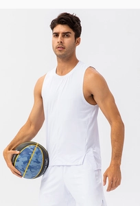 Detail view of white moisture-wicking sports vest with breathable fabric and side slit