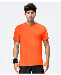 Front view of bright orange crew neck cotton T-shirt on a male model for sports