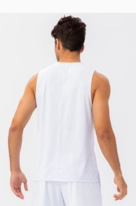 Rear view of white quick-dry men's sports tank top showing breathable fabric texture