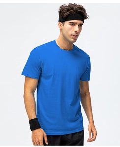 Detailed view of royal blue cotton t-shirt fabric and athletic round neck design